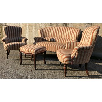 SET SALOTTO LUIGI FILIPPO DIVANO 2 POLTRONE POGGIA PIEDI 1800 SOFA PUOF VELLUTO 
