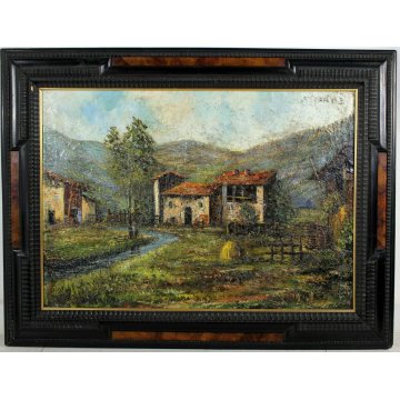GRANDE ANTICO QUADRO OLIO TELA F. Carena PAESAGGIO BAITE MONTAGNA PRIMO '900