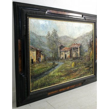 GRANDE ANTICO QUADRO OLIO TELA F. Carena PAESAGGIO BAITE MONTAGNA PRIMO '900