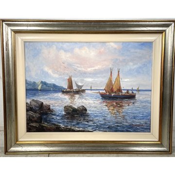 QUADRO OLIO TELA DIPINTO A. Brioschi PAESAGGIO MARINA PESCATORI BARCHE A VELA