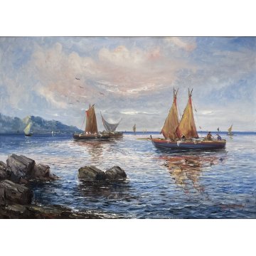 QUADRO OLIO TELA DIPINTO A. Brioschi PAESAGGIO MARINA PESCATORI BARCHE A VELA