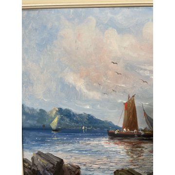 QUADRO OLIO TELA DIPINTO A. Brioschi PAESAGGIO MARINA PESCATORI BARCHE A VELA