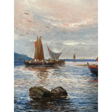 QUADRO OLIO TELA DIPINTO A. Brioschi PAESAGGIO MARINA PESCATORI BARCHE A VELA