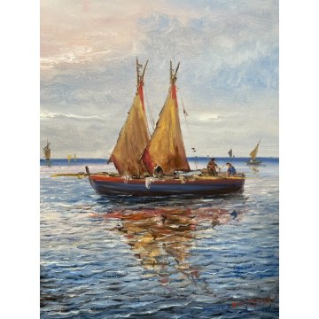 QUADRO OLIO TELA DIPINTO A. Brioschi PAESAGGIO MARINA PESCATORI BARCHE A VELA