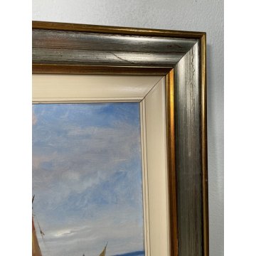 QUADRO OLIO TELA DIPINTO A. Brioschi PAESAGGIO MARINA PESCATORI BARCHE A VELA