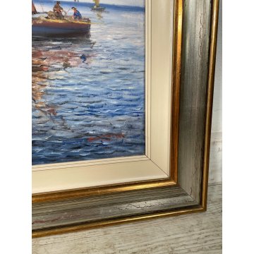 QUADRO OLIO TELA DIPINTO A. Brioschi PAESAGGIO MARINA PESCATORI BARCHE A VELA