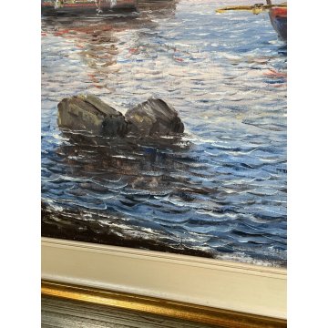 QUADRO OLIO TELA DIPINTO A. Brioschi PAESAGGIO MARINA PESCATORI BARCHE A VELA