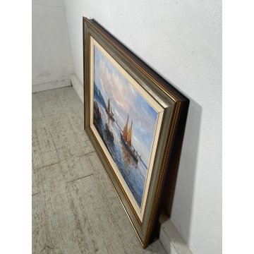 QUADRO OLIO TELA DIPINTO A. Brioschi PAESAGGIO MARINA PESCATORI BARCHE A VELA