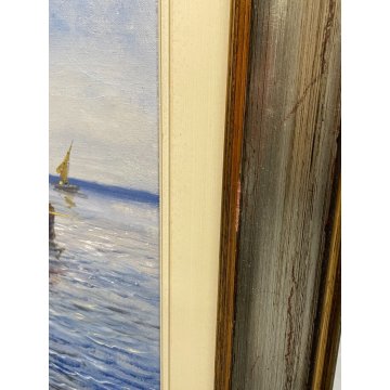 QUADRO OLIO TELA DIPINTO A. Brioschi PAESAGGIO MARINA PESCATORI BARCHE A VELA