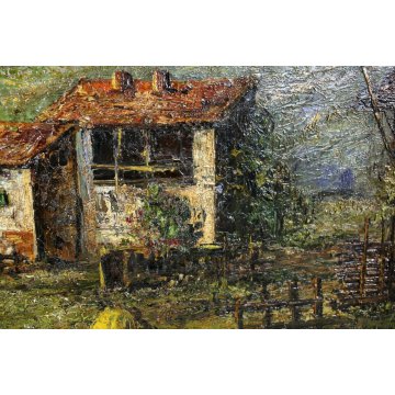 GRANDE ANTICO QUADRO OLIO TELA F. Carena PAESAGGIO BAITE MONTAGNA PRIMO '900