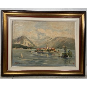 QUADRO DIPINTO PAESAGGIO LAGO MAGGIORE OLIO TELA ISOLA PESCATORI BORROMEO STRESA