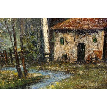 GRANDE ANTICO QUADRO OLIO TELA F. Carena PAESAGGIO BAITE MONTAGNA PRIMO '900