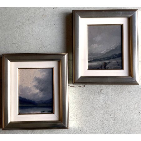 COPPIA ANTICO DIPINTO Omero Solaro PAESAGGIO MONTANO INVERNALE LAGO MAGGIORE 900