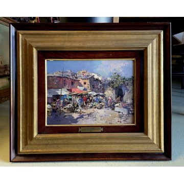 ANTICO QUADRO DIPINTO OLIO G. Pesa Mercatino fuori porta PAESAGGIO LIGURIA '900