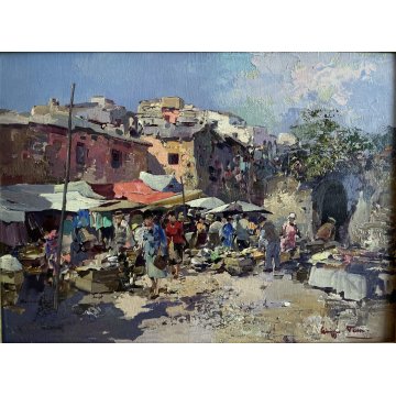 ANTICO QUADRO DIPINTO OLIO G. Pesa Mercatino fuori porta PAESAGGIO LIGURIA '900