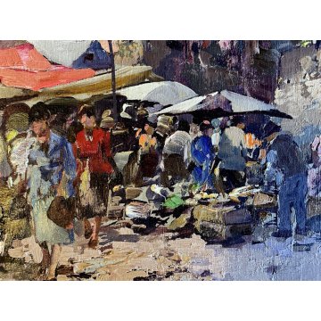 ANTICO QUADRO DIPINTO OLIO G. Pesa Mercatino fuori porta PAESAGGIO LIGURIA '900