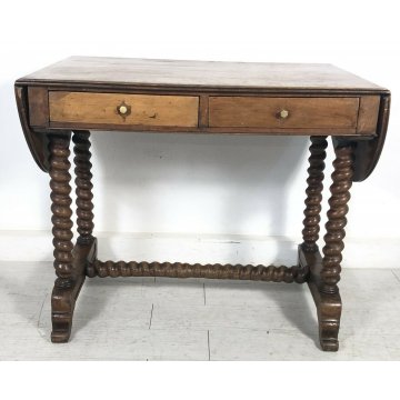 ANTICA SCRIVANIA 2 BANDELLE GAMBE ROCCHETTO 1800 SCRITTOIO TABLE 2 CASSETTI NOCE