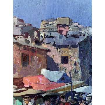 ANTICO QUADRO DIPINTO OLIO G. Pesa Mercatino fuori porta PAESAGGIO LIGURIA '900