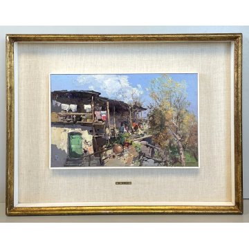 ANTICO QUADRO DIPINTO OLIO G. Pesa "RUSTICO" PAESAGGIO MERCATO PANNI LIGURIA 900