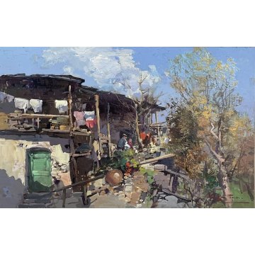 ANTICO QUADRO DIPINTO OLIO G. Pesa "RUSTICO" PAESAGGIO MERCATO PANNI LIGURIA 900