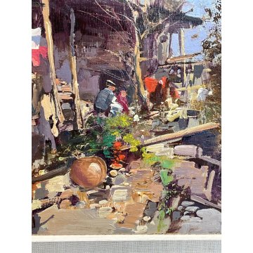 ANTICO QUADRO DIPINTO OLIO G. Pesa "RUSTICO" PAESAGGIO MERCATO PANNI LIGURIA 900