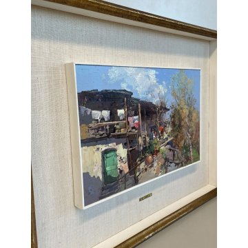 ANTICO QUADRO DIPINTO OLIO G. Pesa "RUSTICO" PAESAGGIO MERCATO PANNI LIGURIA 900