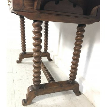 ANTICA SCRIVANIA 2 BANDELLE GAMBE ROCCHETTO 1800 SCRITTOIO TABLE 2 CASSETTI NOCE