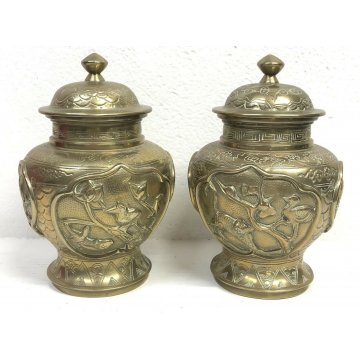 ANTICA COPPIA VASI CINESI GIAPPONESI FIRMATI OTTONE DORATO EPOCA 1900 ORIENTE