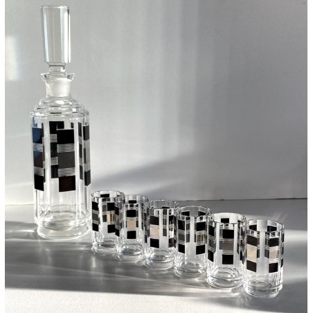 SET LIQUORE DECANTER 6 BICCHIERI Bohemian CRYSTAL Art Decò DECORO NERO ARGENTO