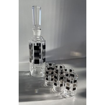 SET LIQUORE DECANTER 6 BICCHIERI Bohemian CRYSTAL Art Decò DECORO NERO ARGENTO