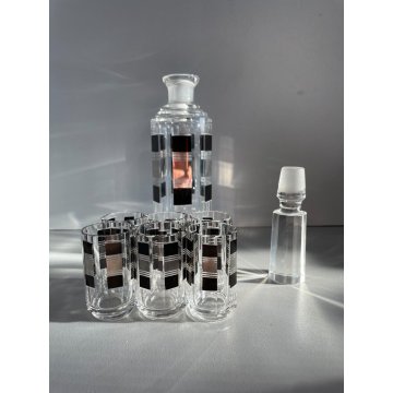 SET LIQUORE DECANTER 6 BICCHIERI Bohemian CRYSTAL Art Decò DECORO NERO ARGENTO