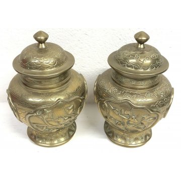ANTICA COPPIA VASI CINESI GIAPPONESI FIRMATI OTTONE DORATO EPOCA 1900 ORIENTE