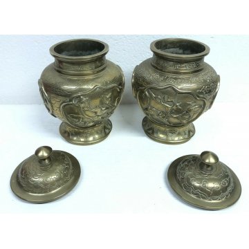 ANTICA COPPIA VASI CINESI GIAPPONESI FIRMATI OTTONE DORATO EPOCA 1900 ORIENTE
