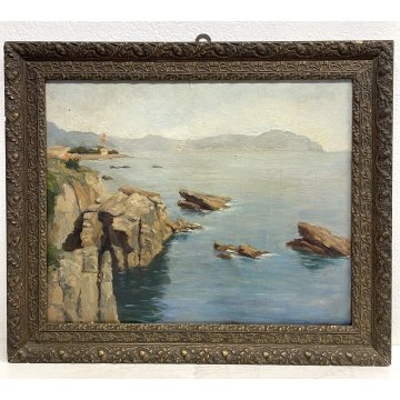 QUADRO DIPINTO Silvio Secchi PAESAGGIO LIGURE MARINA GENOVA EPOCA '800 SCOGLIERA