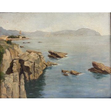 QUADRO DIPINTO Silvio Secchi PAESAGGIO LIGURE MARINA GENOVA EPOCA '800 SCOGLIERA