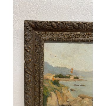 QUADRO DIPINTO Silvio Secchi PAESAGGIO LIGURE MARINA GENOVA EPOCA '800 SCOGLIERA