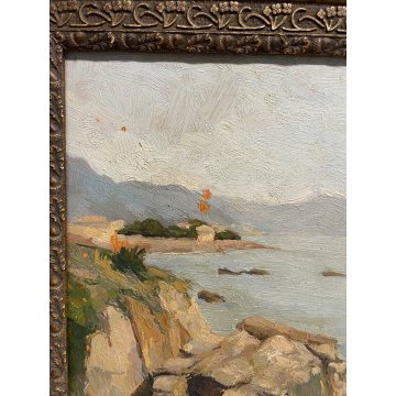 QUADRO DIPINTO Silvio Secchi PAESAGGIO LIGURE MARINA GENOVA EPOCA '800 SCOGLIERA