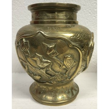 ANTICA COPPIA VASI CINESI GIAPPONESI FIRMATI OTTONE DORATO EPOCA 1900 ORIENTE
