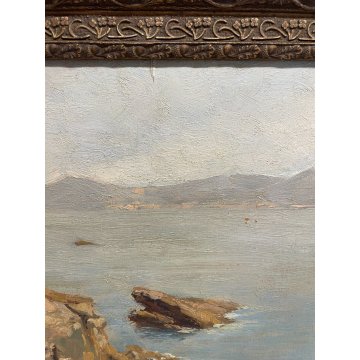 QUADRO DIPINTO Silvio Secchi PAESAGGIO LIGURE MARINA GENOVA EPOCA '800 SCOGLIERA