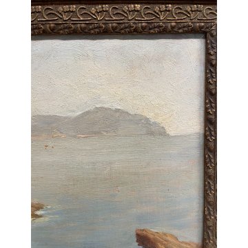 QUADRO DIPINTO Silvio Secchi PAESAGGIO LIGURE MARINA GENOVA EPOCA '800 SCOGLIERA