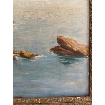 QUADRO DIPINTO Silvio Secchi PAESAGGIO LIGURE MARINA GENOVA EPOCA '800 SCOGLIERA