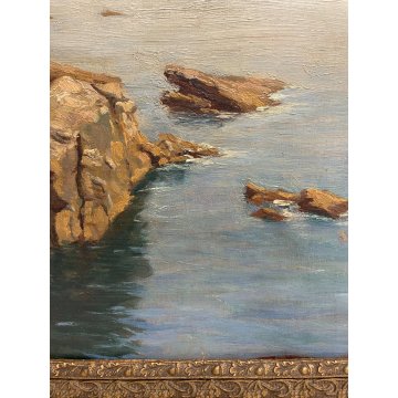 QUADRO DIPINTO Silvio Secchi PAESAGGIO LIGURE MARINA GENOVA EPOCA '800 SCOGLIERA