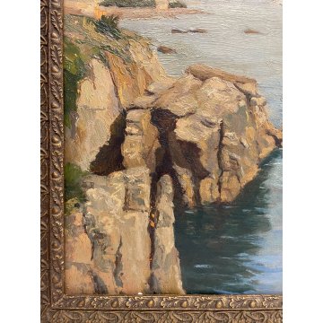 QUADRO DIPINTO Silvio Secchi PAESAGGIO LIGURE MARINA GENOVA EPOCA '800 SCOGLIERA