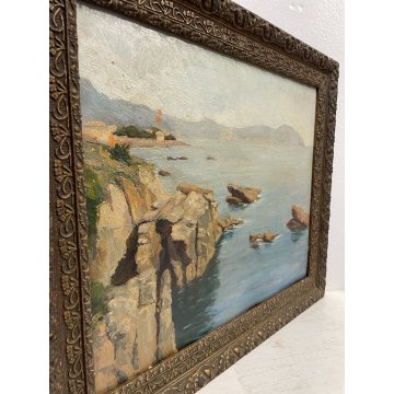 QUADRO DIPINTO Silvio Secchi PAESAGGIO LIGURE MARINA GENOVA EPOCA '800 SCOGLIERA