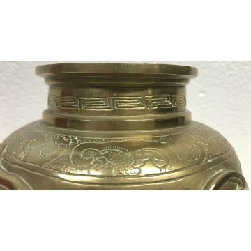 ANTICA COPPIA VASI CINESI GIAPPONESI FIRMATI OTTONE DORATO EPOCA 1900 ORIENTE