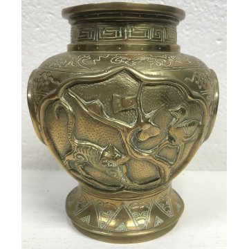 ANTICA COPPIA VASI CINESI GIAPPONESI FIRMATI OTTONE DORATO EPOCA 1900 ORIENTE