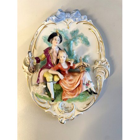 QUADRO FORMELLA PLACCA SCENA GALANTE PORCELLANA POLICROMA MS Germany ANNI '50