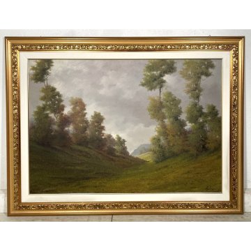 GRANDE QUADRO DIPINTO Omero Solaro PAESAGGIO COLLINA PRATO PIEMONTE EPOCA 900