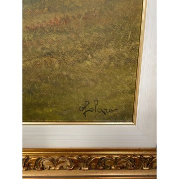 GRANDE QUADRO DIPINTO Omero Solaro PAESAGGIO COLLINA PRATO PIEMONTE EPOCA 900