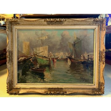 ANTICO QUADRO OLIO S. Balsamo PAESAGGIO MARINA GOLFO di NAPOLI PESCATORI BARCHE